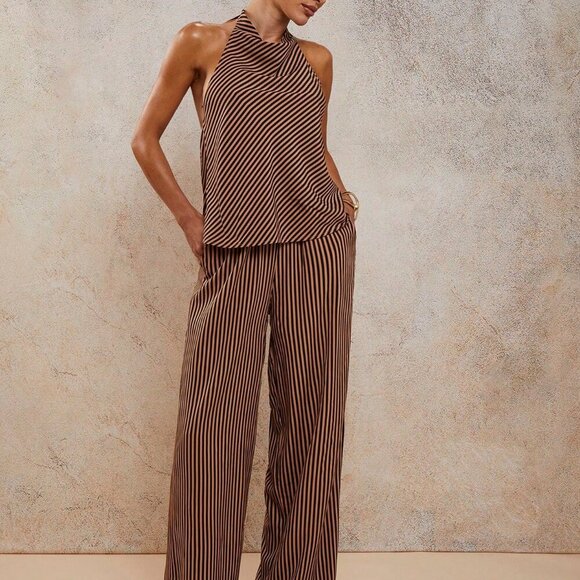 Multicolor Sexy Women's Elegant Resort Striped Halter top and pants 2 piece Set - Picture 3 of 7